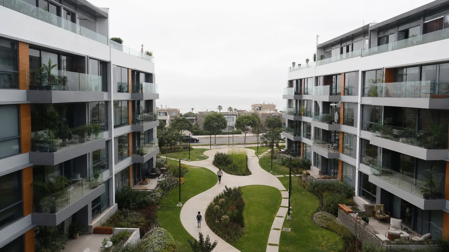 Conjunto residencial con áreas comunes organizadas y cuidadas