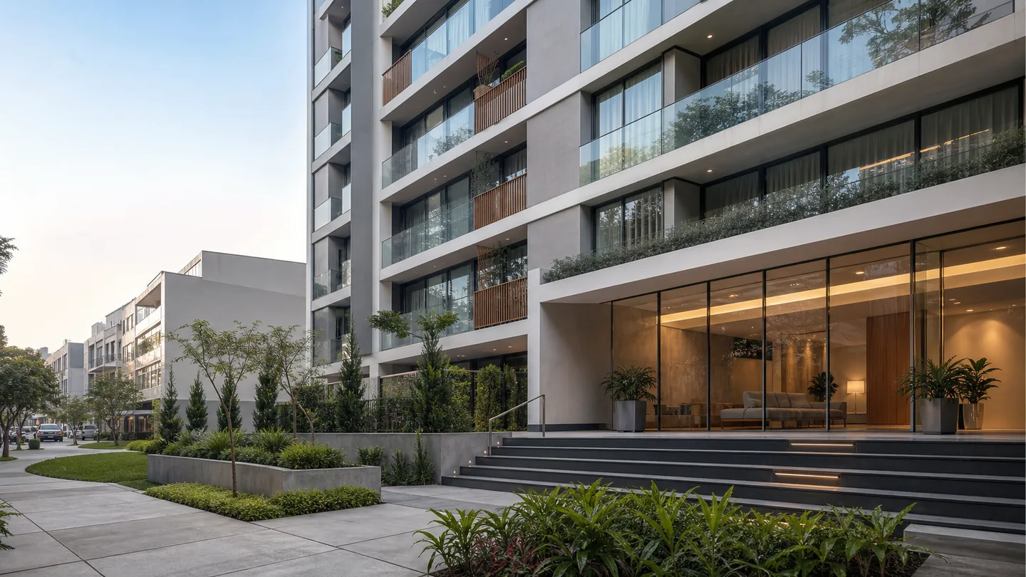 Edificio residencial moderno con acceso y áreas comunes cuidadas