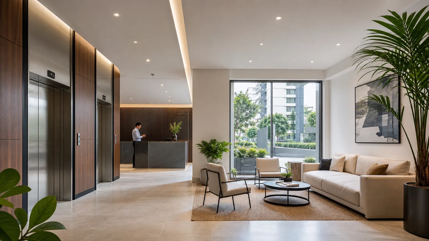 Lobby residencial ordenado con recepción y áreas de espera