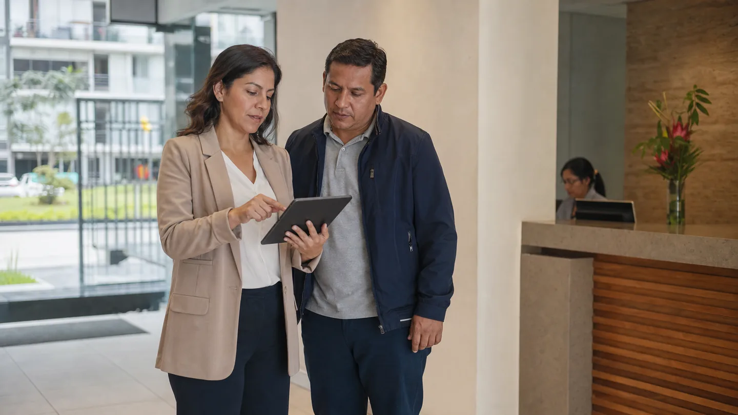 Administradora y supervisor revisando la operación del edificio en una tablet